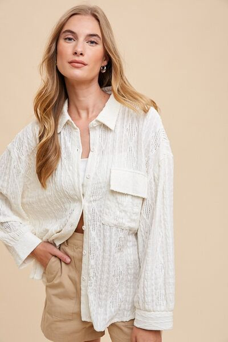 Openwork Button down Drop Shoulder Shirt