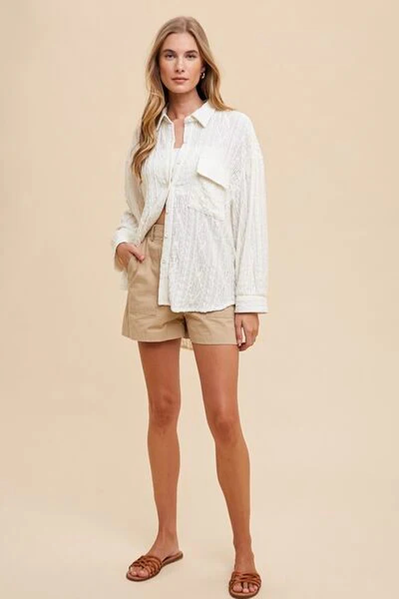Openwork Button down Drop Shoulder Shirt