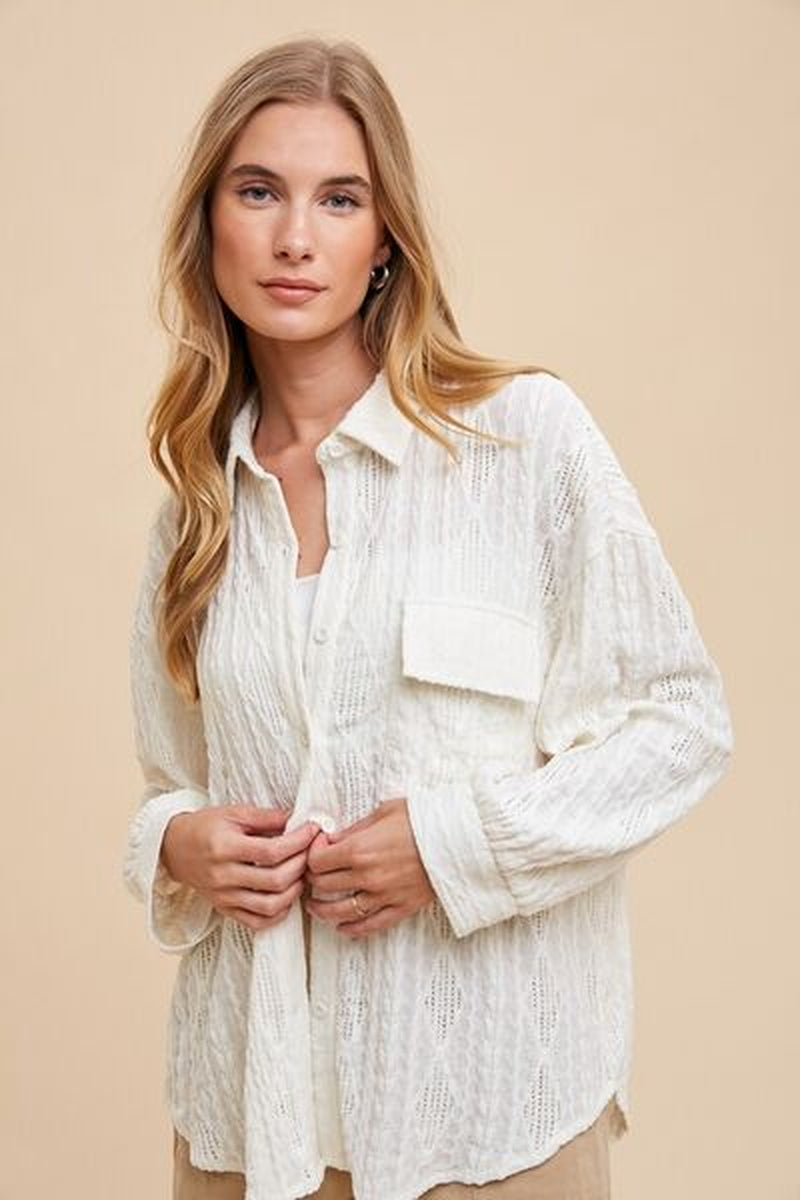 Openwork Button down Drop Shoulder Shirt